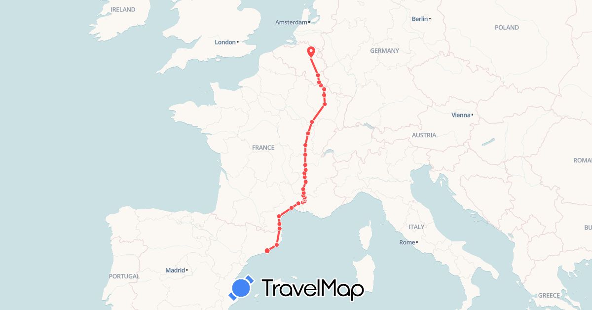 TravelMap itinerary: driving, hiking in Belgium, Spain, France, Luxembourg (Europe)